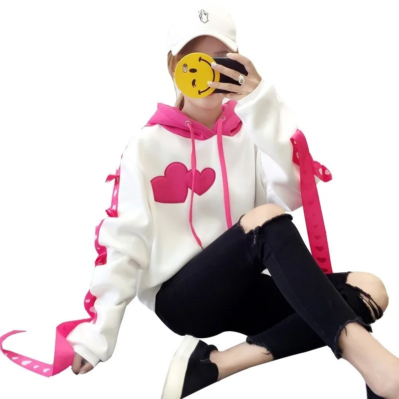Женская толстовка с вышивкой в виде сердечек Harajuku очень Длинная лентами ярких