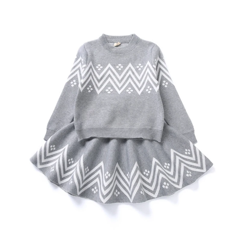 

MANNY Girls Dress Winter Geometric Pattern Dress Long Sleeve Girls Clothes Top Coat+Dress Sweater Knitwear 2pcs dress for girl