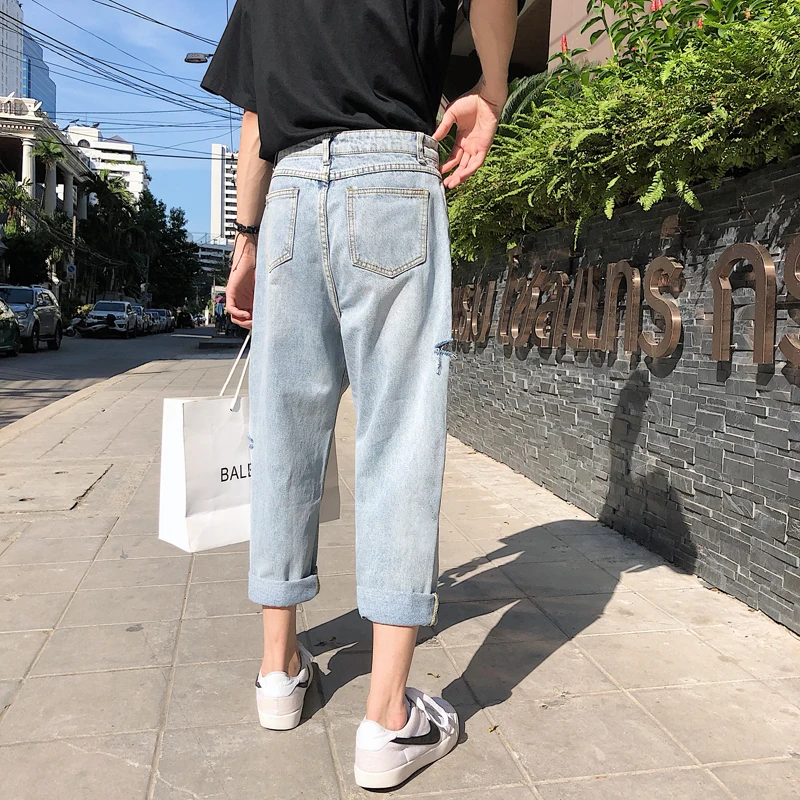 

Spring New Men's Casual Jeans S-XL Youth Nine Points Wide Leg Pants Couple Hole Solid Color Personality Loose Cotton Polyester