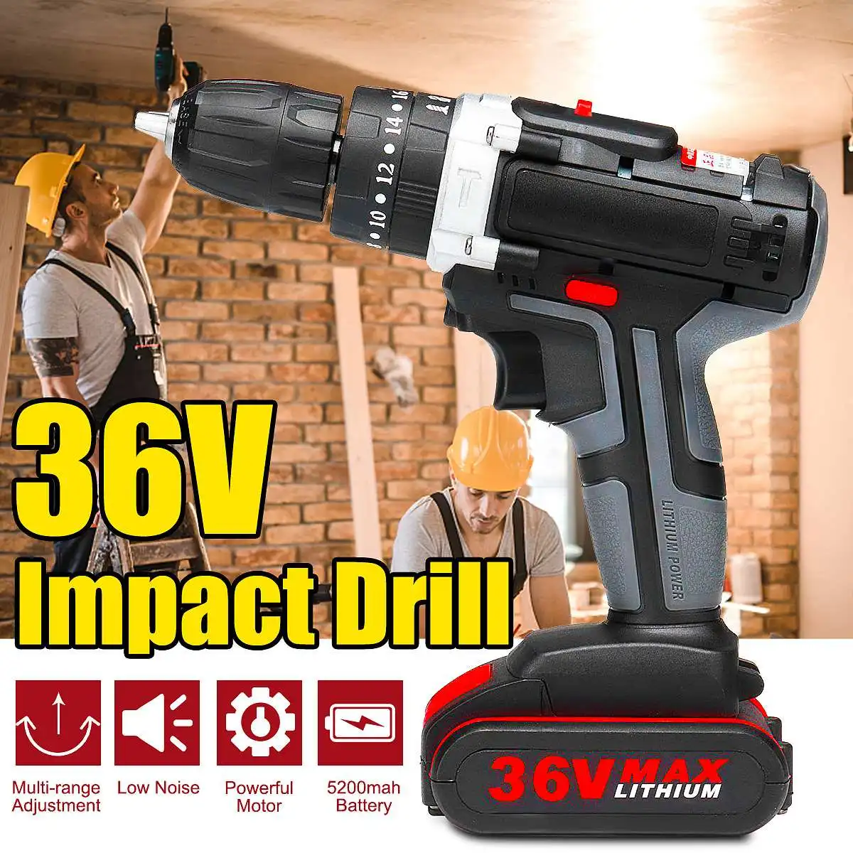 36V Electric Cordless Impact Drill 28Nm Torque 3000mAh Li-ion Chuck 10mm 2 Speed