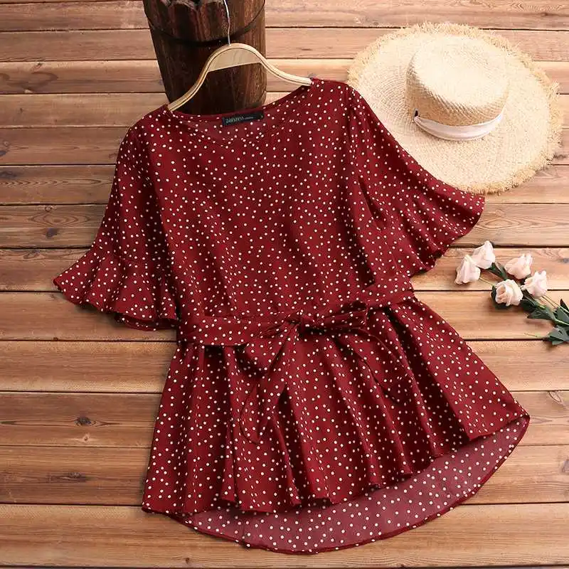 

ZANZEA Women Polka Dot Blouse Summer O Neck Short Sleeve Chiffon Blouse Casual Loose Work OL Top Ladies Elegant Bow Tie Blusas