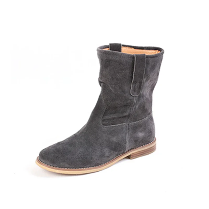 

2018 hot selling girl's black suede flats mid calf boots genuine leather women winter booties
