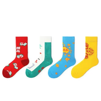 

PEONFLY Newly Quality Brand Men Socks with mahjong Design Funny Happy Dress Wedding Male Crew Socks Plus Size