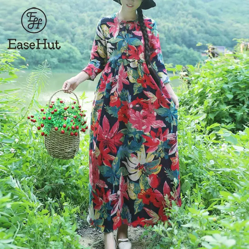

EaseHut Vintage Floral Print Cotton and Linen Summer Dress Women Ethnic O-neck Long Sleeve Baggy Loose Kaftan Maxi Long Dress