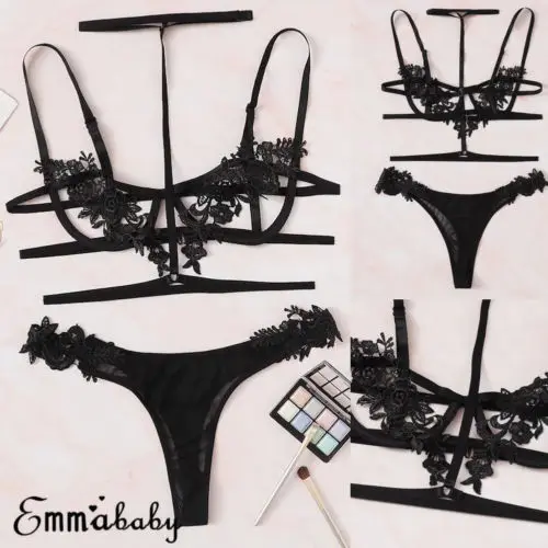 

Womens Underwear Choker Bra Sexy Lingerie G-string Nightwear Lace Satin Set