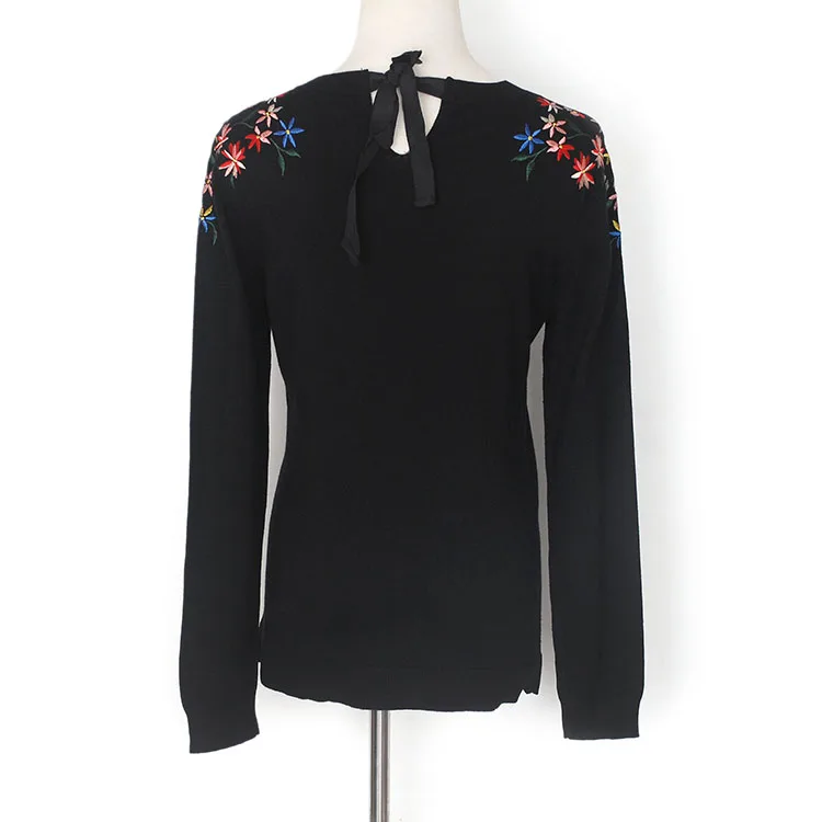 YUNINYOYO shoulder and sleeves with Fine little flower embroidery knited t-shit pullover autumn thin sweater with ribbon on back YUNINYOYO shoulder and sleeves with Fine little flower embroidery knited t-shit pullover autumn thin sweater with ribbon on back