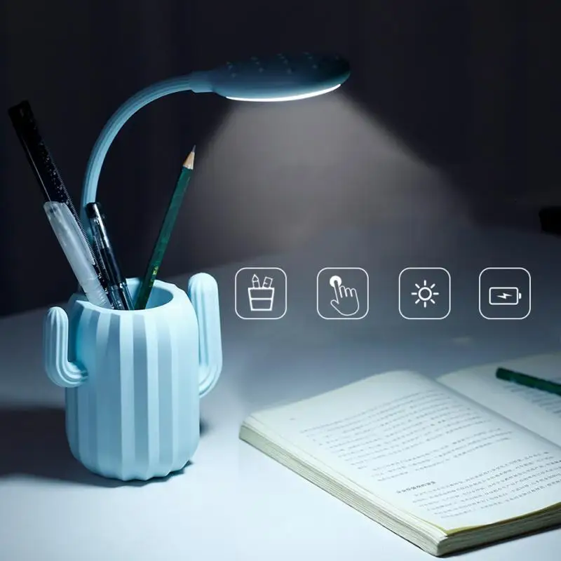 Eye Protect LED Table Lamp Study Desk Lamp Pen Holder Light Office Cactus Shape Design Bendable