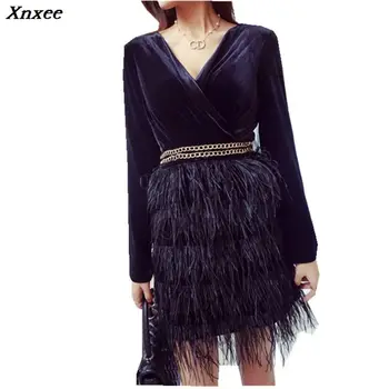 

Xnxee Autumn Women Party Dress 2020 Designer Black Wine Red Patchwork Feathers Sexy V Neck Bodycon Laies Pencil Dress Xnxee