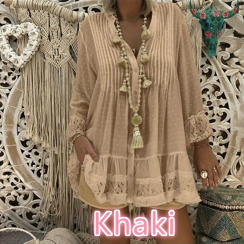 S-5XL Plus Size Women Loose Blouses 2019 Summer Solid Lace Patchwork Chiffon V-Neck Shirts Causal Female Vintage Oversized Tops