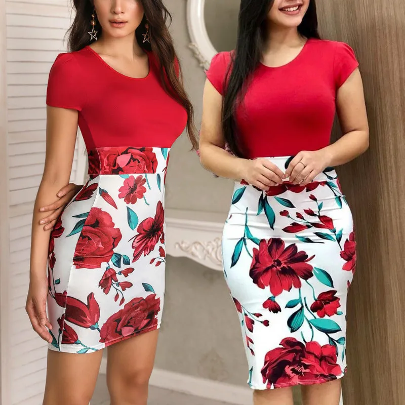 

hirigin Women Pencil Skirt High Waist Big Flower BodyconLadies Mini Skirt Ladies White Red Slim Hip Skirt Plus Size S-2XL