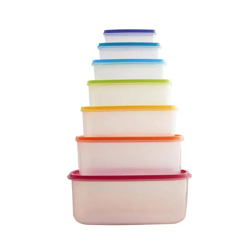 

7pcs Rectangular Storage Box Rainbow Plastic Fresh Food Container Microwave Lunch Box Suit Kitchen Accessory