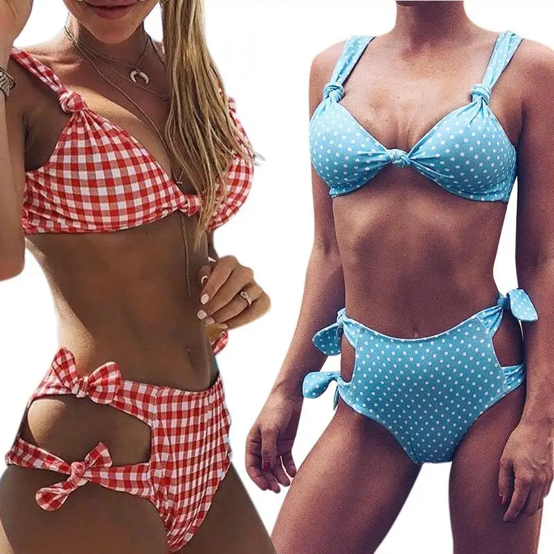 

Women's Bikini 2 Piece Strappy Swimsuit Sexy Plaid Polka Dot Bandage High Waist Swimwear