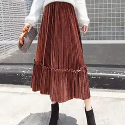 Винтаж Новый 2018 осень и зима Высокая талия женский бархатная юбка плиссированные юбки для женщин большой качающаяся длинная юбка женский