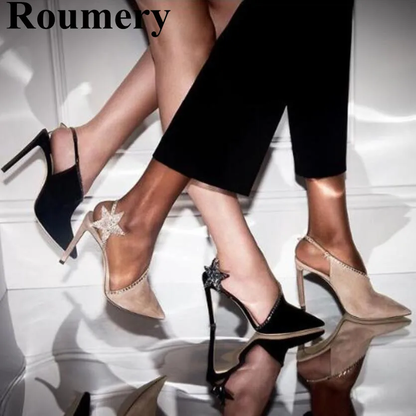 

Flock Pointed Toe And Thin High Heel Shoes Side Star Strap Bling Bling Crytal Fashion Sexy High Heel Women Sandals