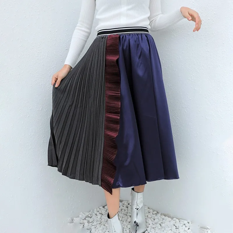 

Spring Hit Colors Skirts For Women Elastic High Waist Ruffles Patchwork Pleated A-line Skirts Female Fashion Tide R176