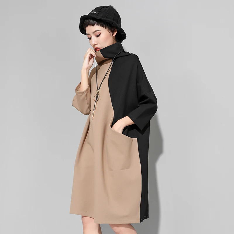 

Turtleneck Vintage Knitted Dress Women 2018 Korean Fashion Autumn Winter Dress Assorted Colors Big Pocket Plus Size Mini Dress
