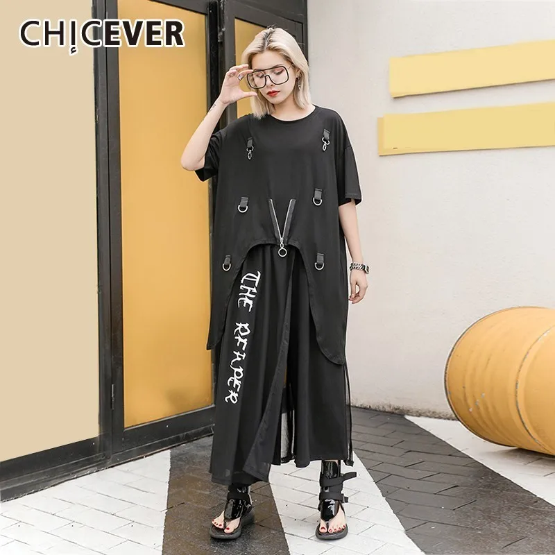 

CHICEVER Summer Patchwork Fake Zipper Irregular Hem Women T-shirt O Neck Three Quarter Sleeve Loose Plus Size Female T-shirts