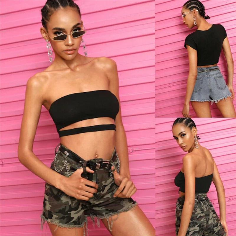 

Women's slim sexy cropped top black sexy wrapped chest sleeveless T-shirt