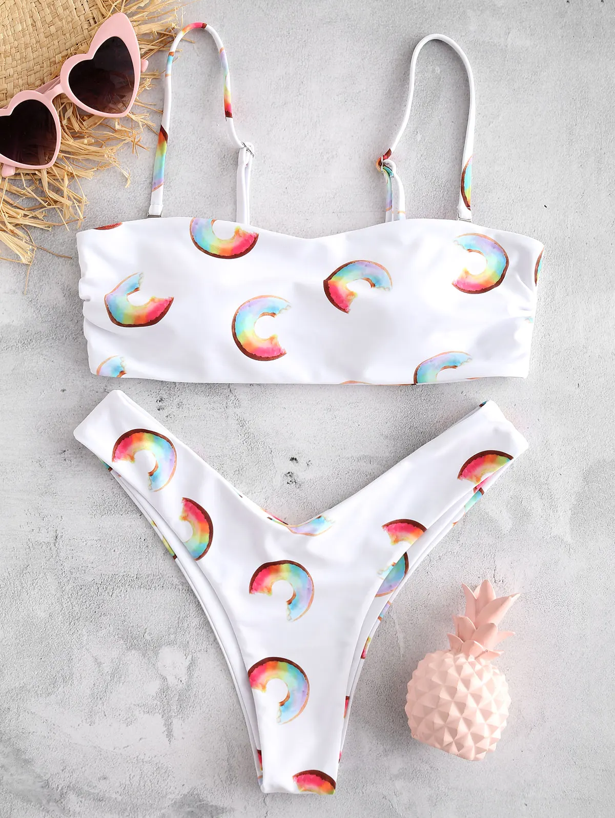 

ZAFUL Women Bikini Set Doughnut Print Bandeau Bikini Set Lady Sexy Bikini Swimwear Summer Beach Swimsuit Bathing Suit