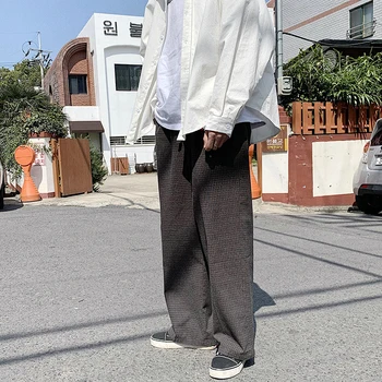 

2019 Men's Lattice Printing Wide Leg Pants Cotton Casual Pants Leisure Trousers Active Elastic Harem Grey/brown Color Pants