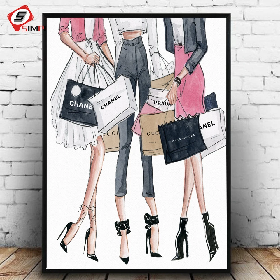 Nordic Fashion Girl Bags Collection Wall Art Canvas Painting Modern