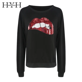 

HYH HAOYIHUI Simple Lips Sports Leisure Sweatshirt Preppy Style Long Sleeve Black Sequin Cartoon Tops O-Neck Pullovers