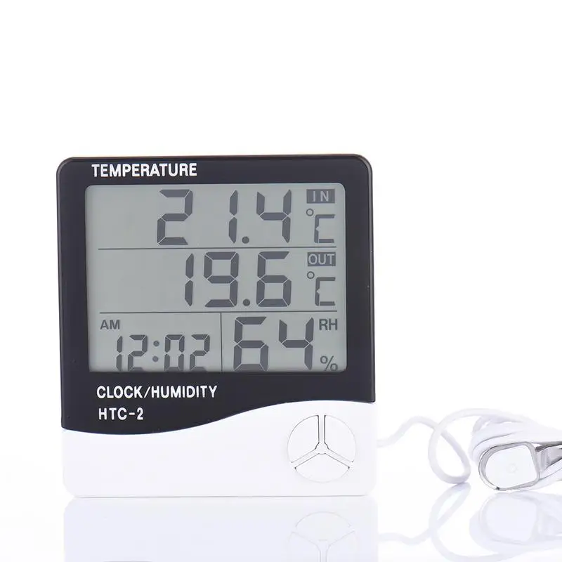 

Digital Thermometer Hygrometer Electronic LCD Temperature Humidity Meter Weather Station Indoor Outdoor Clock HTC-2