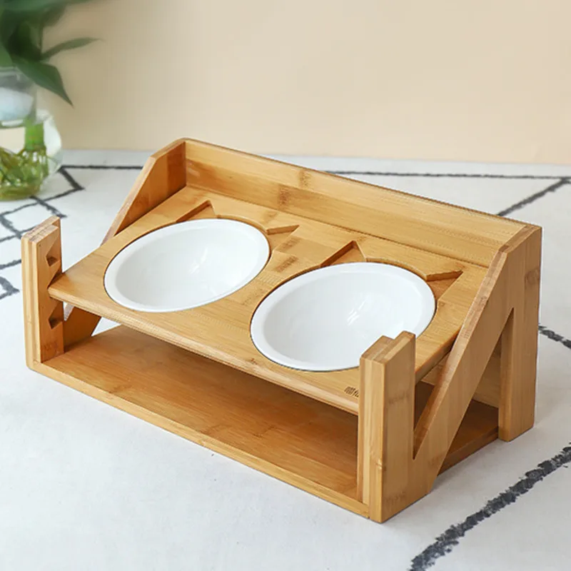 Kitten and Puppy Petsoign/é Cat Bowls Pet Dining Table with Raised Slope Wooden Stand Elevated Pet Bowls with Oblique Stand for Cats Dogs