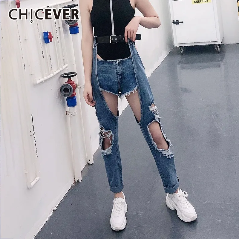 

CHICEVER Spring Vintage Jeans For Women Hole Hollow Out Open Knee Women Denim Pant High Waist Female Harem Jean 2019 Fashion New