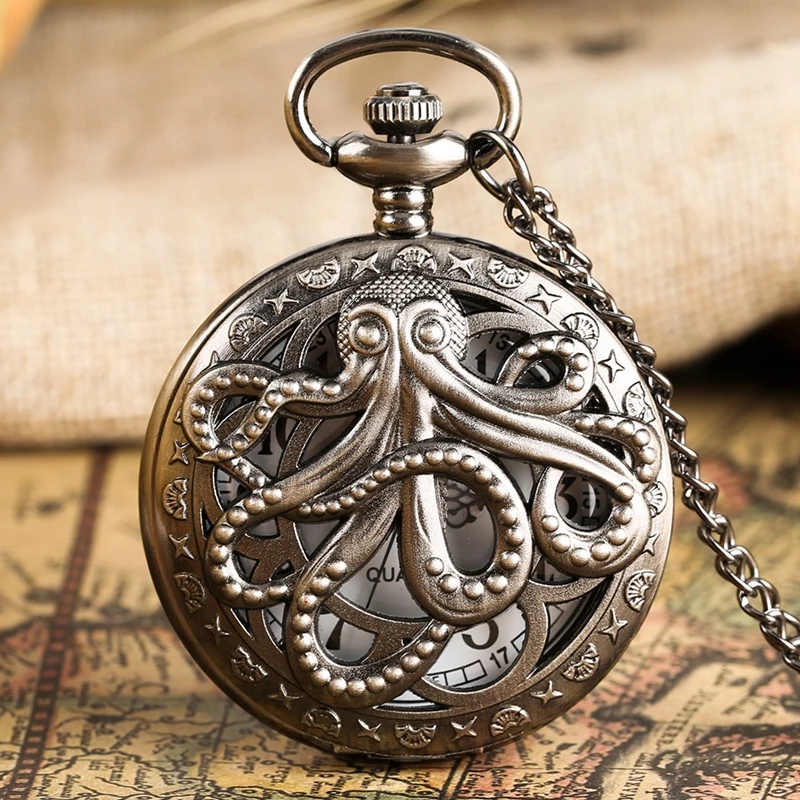 Ретро Осьминог прозрачная накидка кварцевые карманные бронзовые часы ожерелье подвеска ручной работы часы подарочные сувениры для мужчин