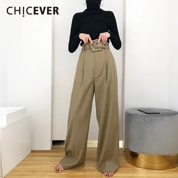 

CHICEVER Casual Solid Trousers For Women High Waist Zipper Bandage Sashes Pockets Wide Leg Pants Female Summer Korean Fashion