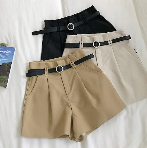 

2019 Korean Fashion High Waist Shorts With Belt Vintage Wide Leg Shorts Office Lady Bermuda Shorts Pantaloncini Donna