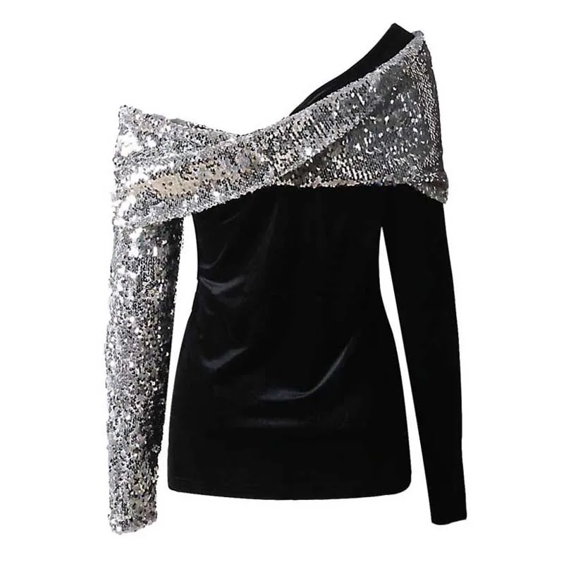 2019 New Spring Silver Bling Sequin Velvet Off Shoulder Women Tops High