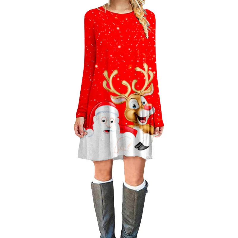 

2019 Fashion Winter Women Christmas Loose Dress Reindeer Cartoon Santa Claus Print Long Sleeve O Neck Holiday Xmas Mini Dress