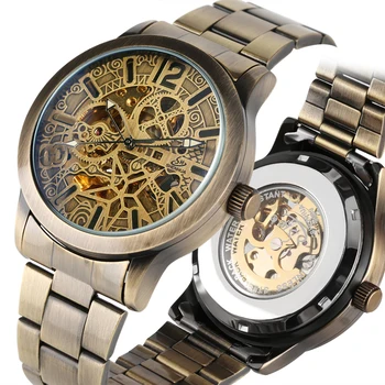 

Bronze Tone Mechanical Watches Automatic-self-winding Skeleton Top Brand Male Clock Stainless Steel Band Business Style Watch