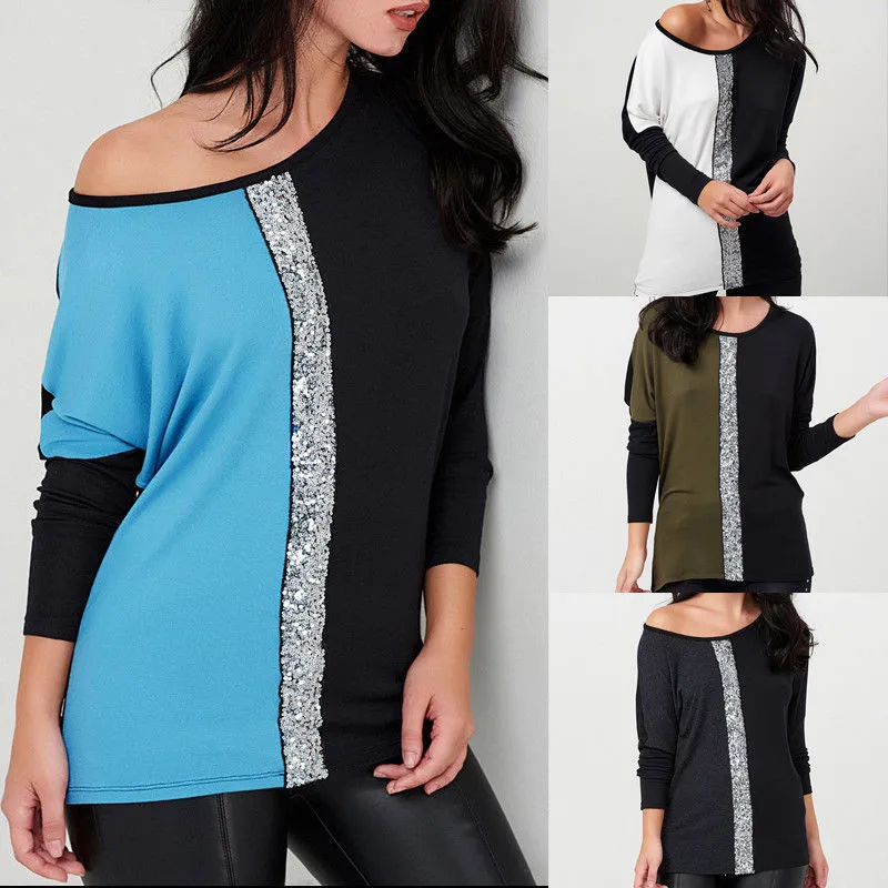Ladies Sexy Sequin Autumn Blouse Shirts Solid Stitching
