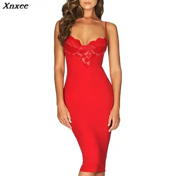 

Xnxee 2020 Fashion Women Sexy Summer Bandage Dress Deep V Lace Hollow Out Spaghetti Strap Party Club Dresses Knee Length Xnxee
