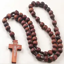 Мода Ретро стиль мужчины женщины католический Христос Деревянные Четки из бисера крест кулон тканая Веревка ожерелье