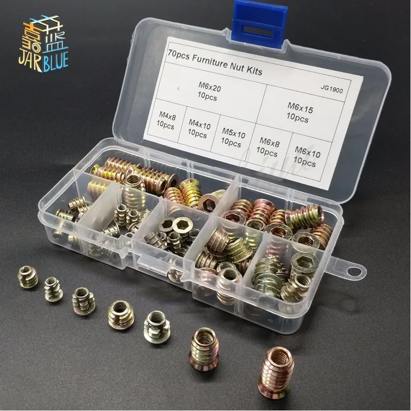 

70pcs Zinc Alloy Furniture Wood Hex Socket Drive Threaded Insert Nut Assortment Kits