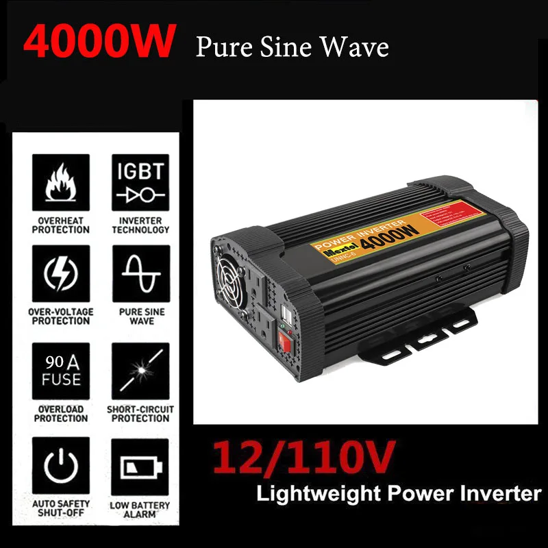 

Inverter 12V 110V 8000W Peaks Auto Pure Sine Wave 4000W Voltage Transformer Power Inverter Converter Car Charge USB