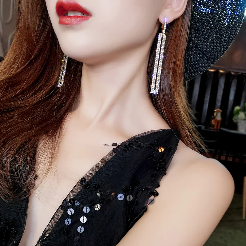 FYUAN Fashion Long Geometric Drop Earrings Luxury Gold Silver Color Rectangle Rhinestone Earring for Women Party Jewelry Gift