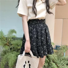 Летние свежие модные юбки с принтом цветов с оборками, растянутыми с высокой талией, из лоскутов, шифоновые юбки с цветочным рисунком для студентов