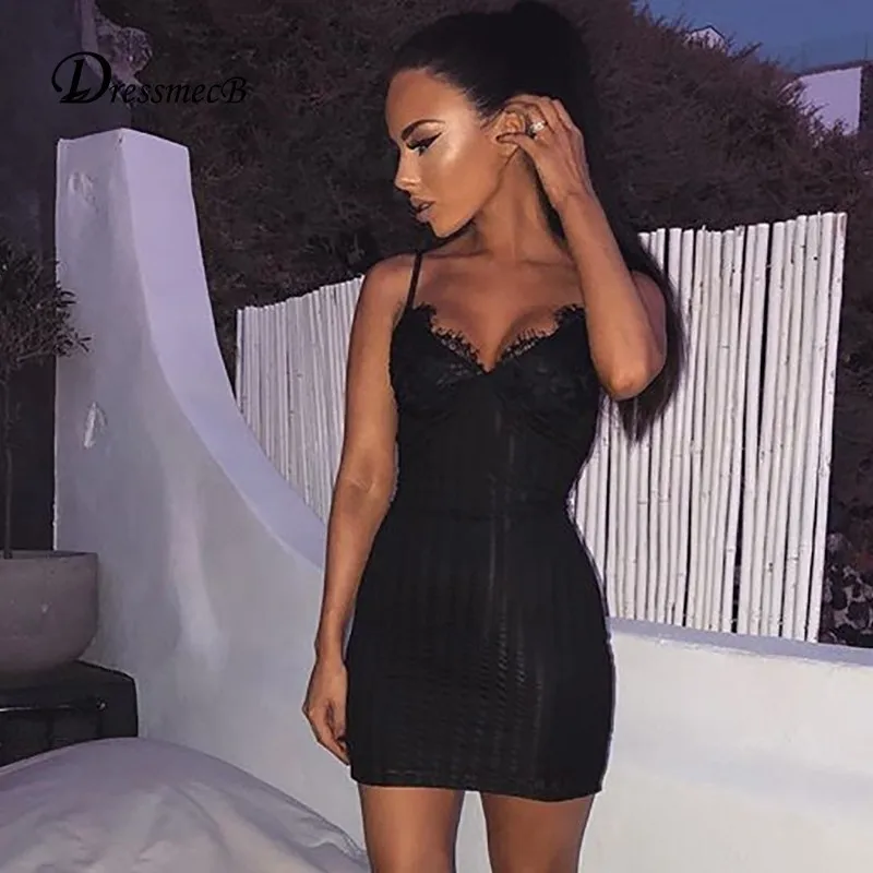 

DRESSMECB Spaghetti Strap Sexy Dress Women Deep V Neck Backless Lace Sheath Bodycon Dress Mini Club Party Dress 2019 Vestidos
