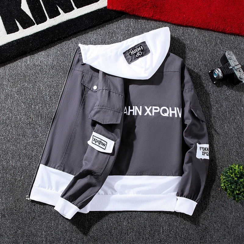 #7411 2019 الربيع الأحمر الأسود الدنيم سترة الرجال ممزق الجينز سترة سترة واقية مقنعين سستة الشارع الشهير الهيب هوب كاذبة اثنين قطعة