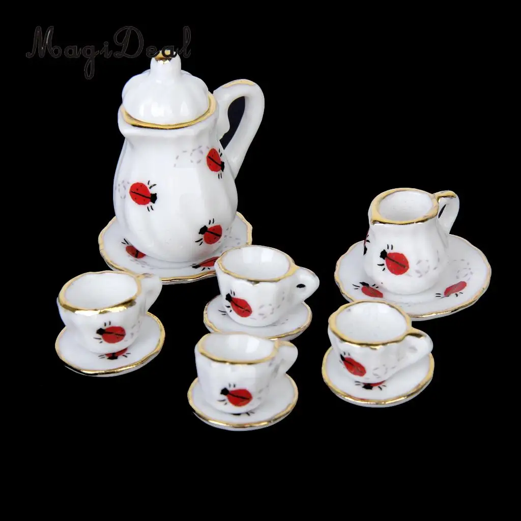 15Pcs 1//12 Dollhouse Miniature Dining Ware Ladybug Print Porcelain Tea Set