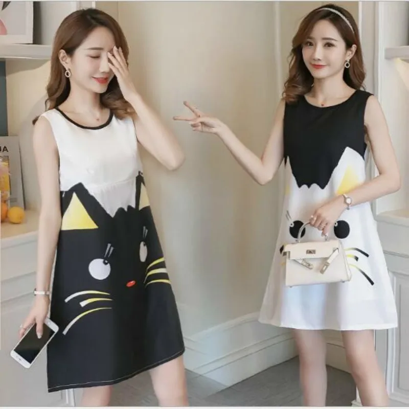 

2019Maternity Dresses Summer Sleeveless Color Matching Cartoon Print Pregnancy Dress A Word Round Neck Dress Breastfeeding Dress