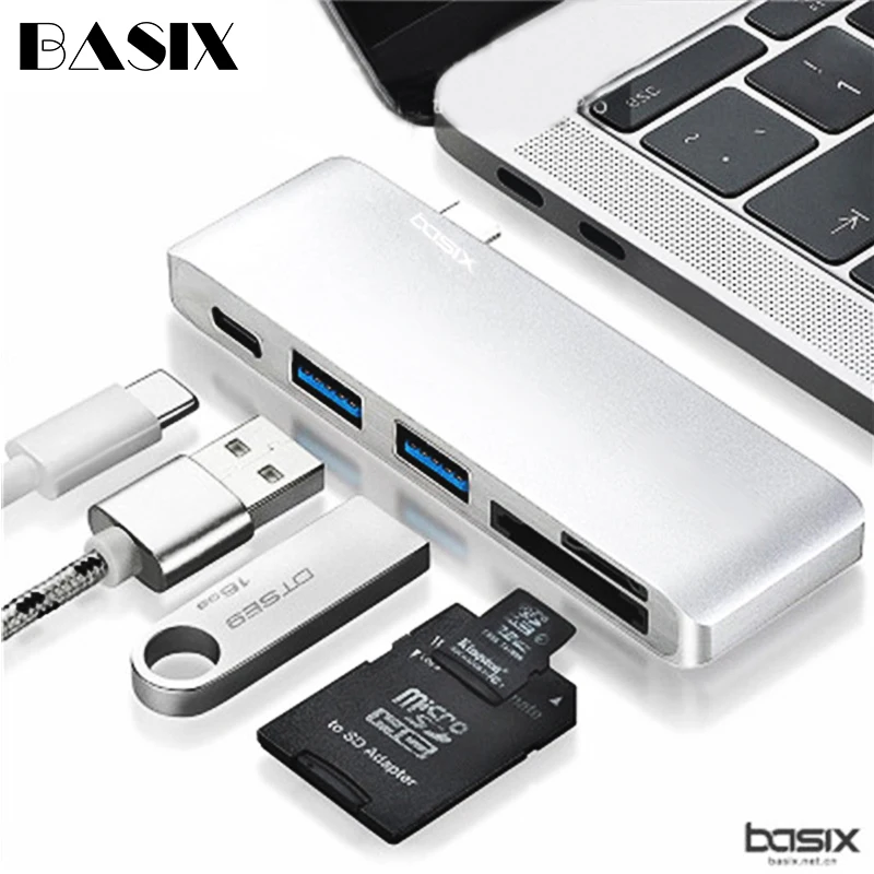 

Basix USB C Hub with USB-C Power Delivery 2 USB 3.0 Ports and SD/Micro SD TF Card Reader for MacBook Pro Air Usb3.1 Type c HUB