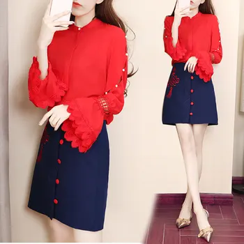 

Two-piece clothing set chiffon women suit new 2019 spring flower horn sleeve red shirt & button skirt vestido lady outfit costum