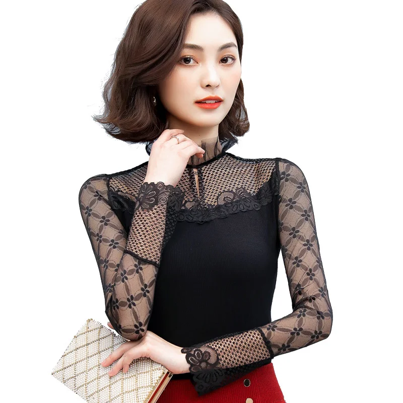 

Spring Autumn Women Fashion Stand Collar Lace Blouse Long Sleeve Sexy Hollow Out Shirt Elegant Plus Size Top Blusas Femininas