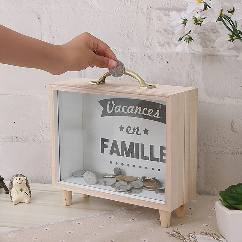 

Wooden Crafts Piggy Bank Container Home Transparent Vintage Stand Letter Desktop Storage Money Box Home Decor Children Gift